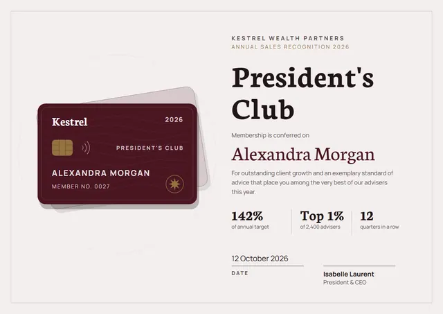 Burgundy Starry President's Club Award template, A4 landscape, in burgundy