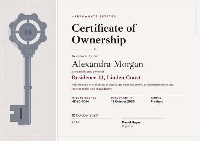 Burgundy Bordered Certificate of Ownership template, A4 landscape, in burgundy