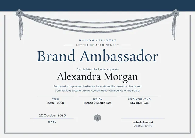 Navy Bordered Ambassador Appointment Certificate template, A4 landscape, in navy