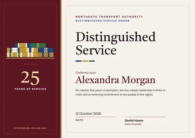 Burgundy Ribbon Distinguished Service Award template, A4 landscape, in burgundy