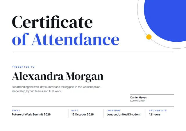 Royal Blue Classic Certificate of Attendance template, A4 landscape, in royal blue