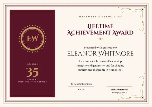 Burgundy Medal Lifetime Achievement Award template, A4 landscape, in burgundy