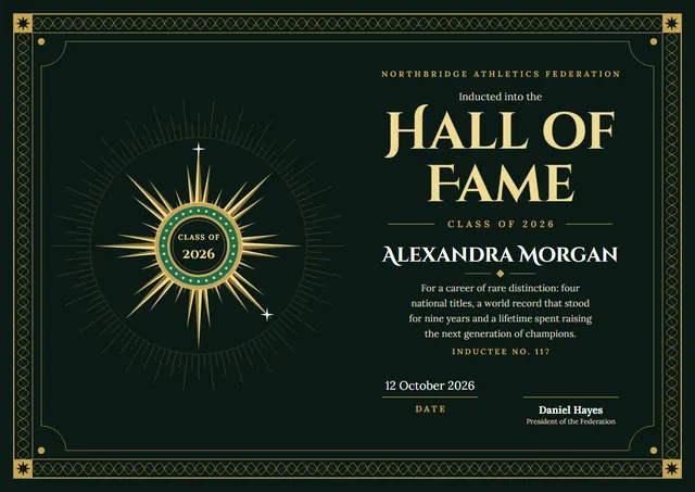 Sunshine Yellow Medal Hall of Fame Certificate template, A4 landscape, in sunshine yellow