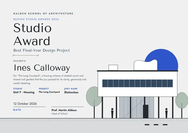 Steel Blue Ribbon Architecture Studio Award template, A4 landscape, in steel blue