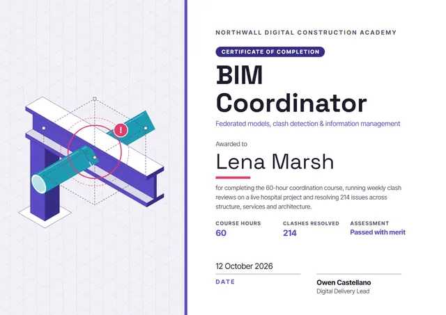 Indigo Badge BIM Coordinator Course Certificate template, A4 landscape, in indigo