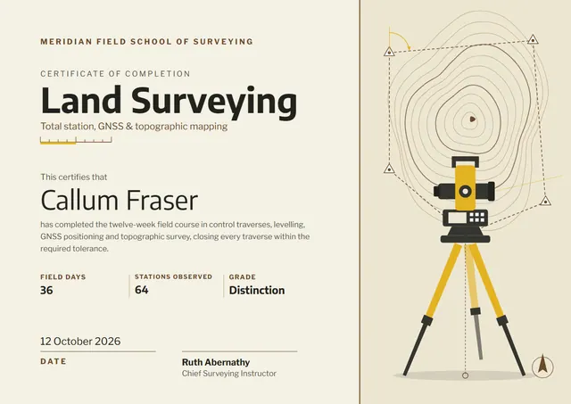 Chocolate Globe Land Surveying Course Certificate template, A4 landscape, in chocolate