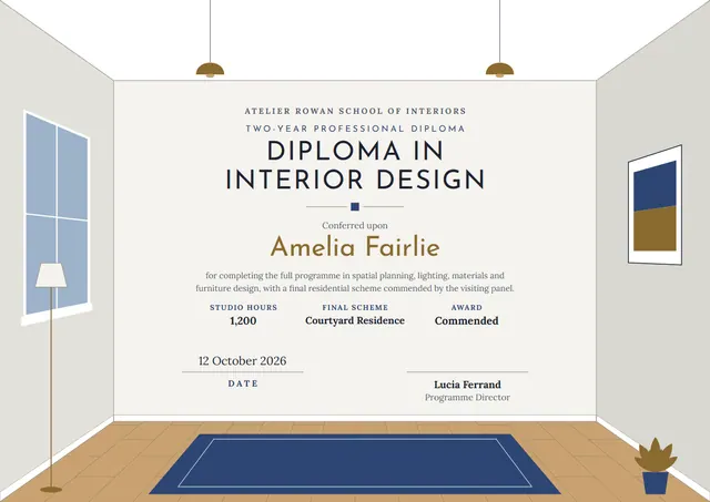 Gold Leafy Interior Design Diploma template, A4 landscape, in gold