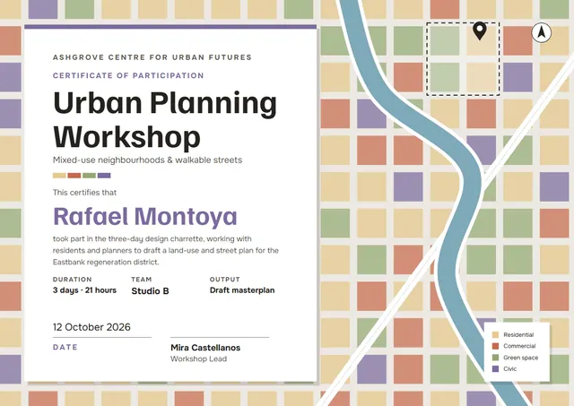 Mauve Globe Urban Planning Workshop Certificate template, A4 landscape, in mauve