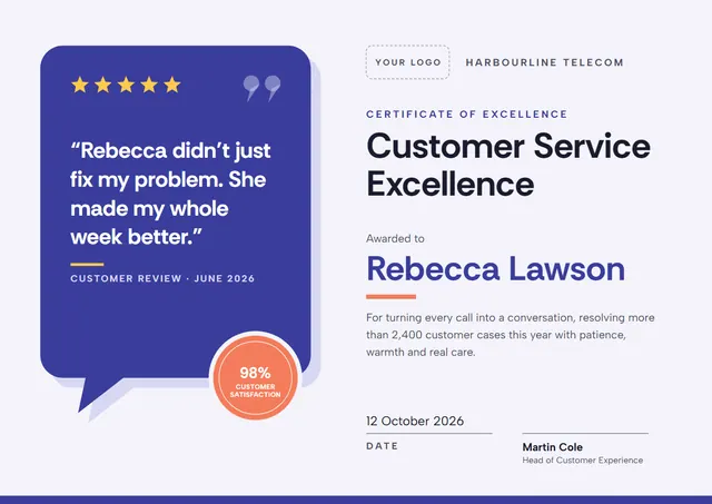 Steel Blue Starry Customer Service Excellence Award template, A4 landscape, in steel blue