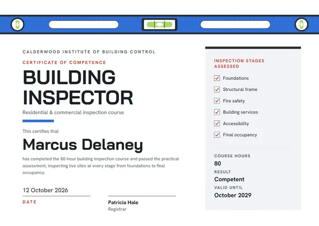 Steel Blue Confetti Building Inspector Course Certificate template, A4 landscape, in steel blue