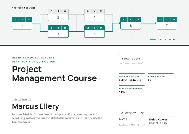 Teal Banded Project Management Course Certificate template, A4 landscape, in teal