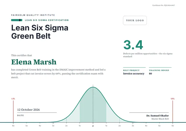 Jade Banded Lean Six Sigma Green Belt Certificate template, A4 landscape, in jade