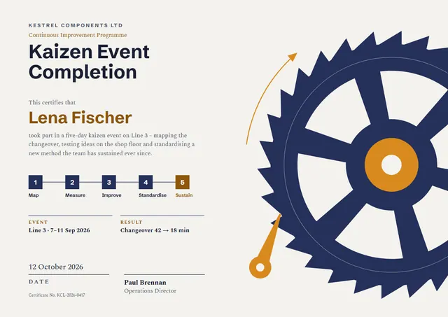 Navy Gear Kaizen Event Completion Certificate template, A4 landscape, in navy