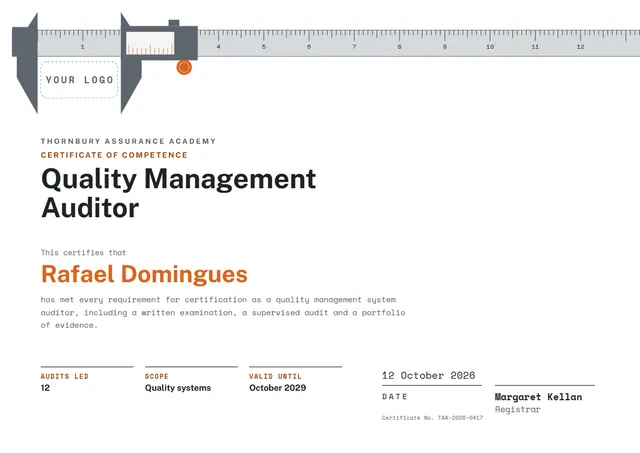 Orange Gear Quality Management Auditor Certificate template, A4 landscape, in orange