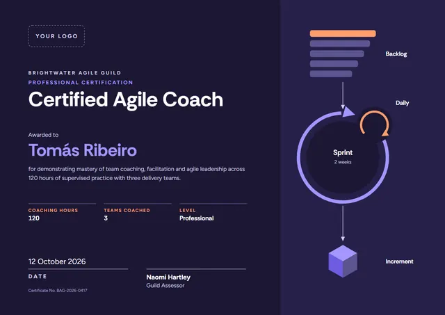 Midnight Banded Agile Coach Certificate template, A4 landscape, in midnight blue