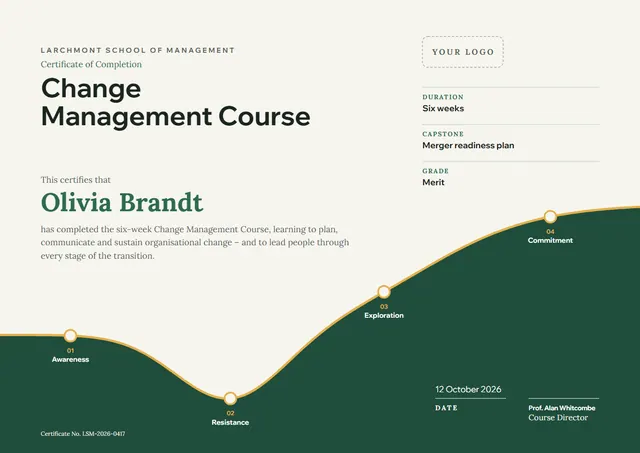 Forest Green Modern Change Management Course Certificate template, A4 landscape, in forest green
