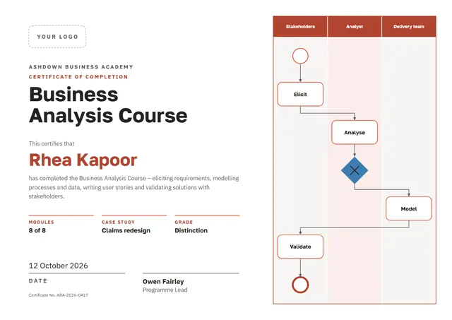 Brick Red Starry Business Analysis Course Certificate template, A4 landscape, in brick red