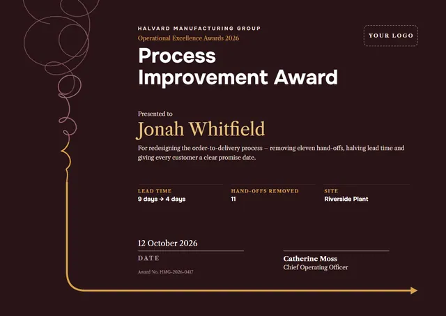 Chocolate Modern Process Improvement Award template, A4 landscape, in chocolate