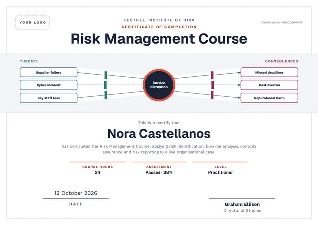 Slate Bordered Risk Management Course Certificate template, A4 landscape, in slate grey