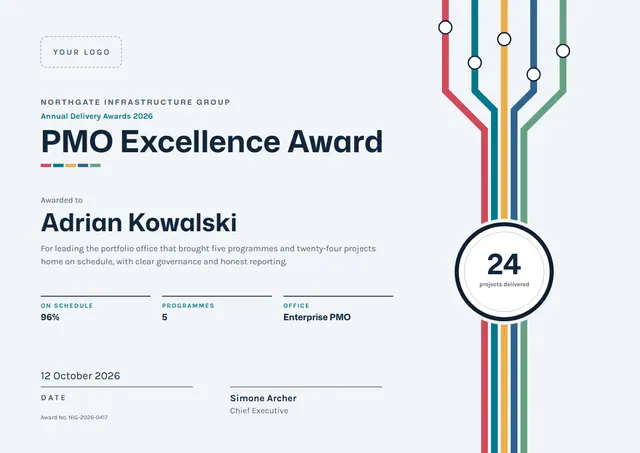 Midnight Chart PMO Excellence Award template, A4 landscape, in midnight blue