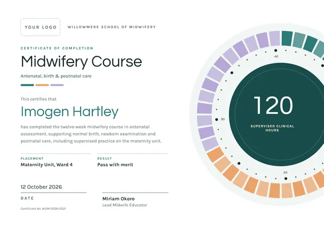Forest Green Gear Midwifery Course Certificate template, A4 landscape, in forest green