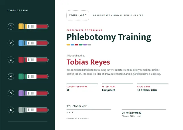 Forest Green Sunburst Phlebotomy Training Certificate template, A4 landscape, in forest green