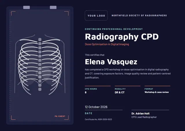 Midnight Heart Radiography CPD Certificate template, A4 landscape, in midnight blue