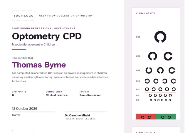 Plum Chart Optometry CPD Certificate template, A4 landscape, in plum