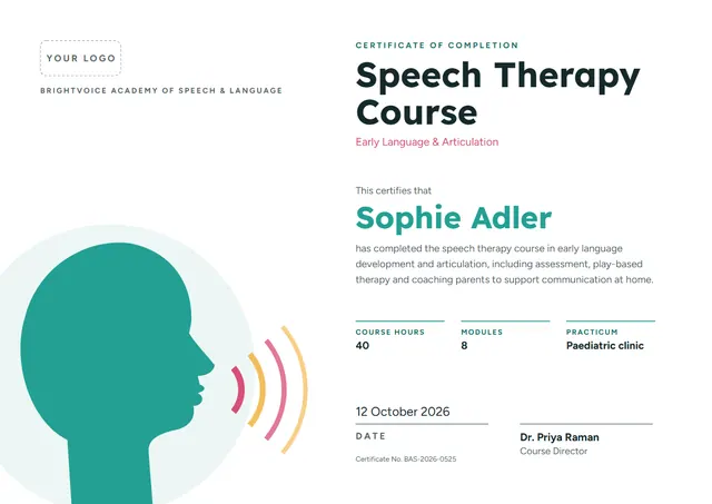 Turquoise Modern Speech Therapy Course Certificate template, A4 landscape, in turquoise