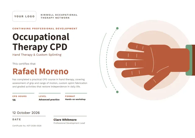 Terracotta Leafy Occupational Therapy CPD Certificate template, A4 landscape, in terracotta