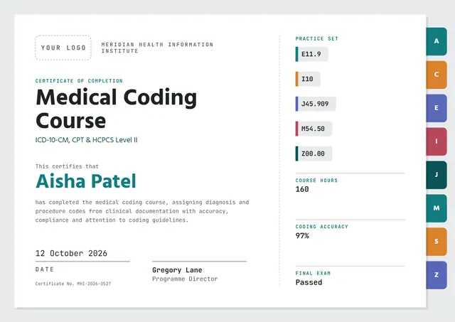 Teal Banded Medical Coding Course Certificate template, A4 landscape, in teal