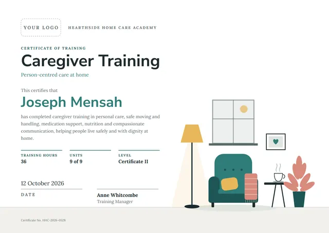Jade Sunburst Caregiver Training Certificate template, A4 landscape, in jade
