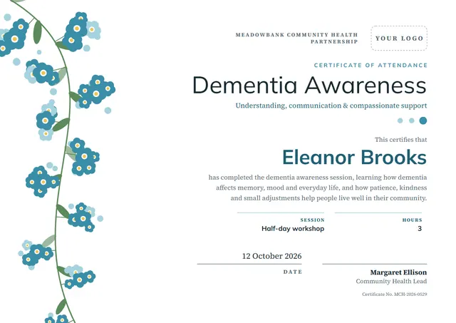 Steel Blue Floral Dementia Awareness Certificate template, A4 landscape, in steel blue