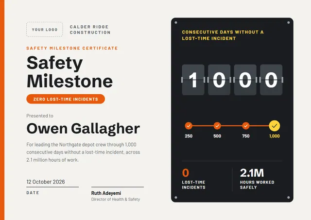 Orange Geometric Safety Milestone Certificate template, A4 landscape, in orange