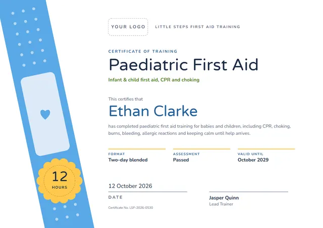 Sky Blue Heart Paediatric First Aid Certificate template, A4 landscape, in sky blue