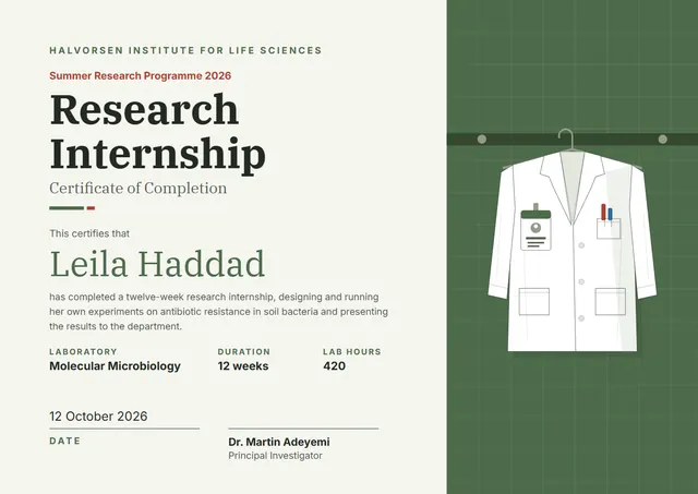 Olive Badge Research Internship Certificate template, A4 landscape, in olive