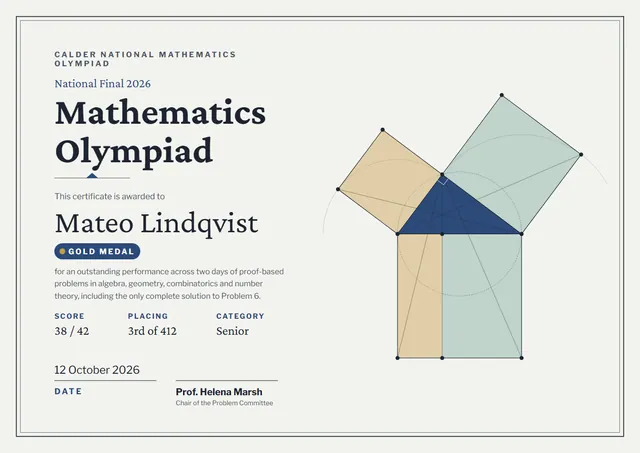 Midnight Medal Mathematics Olympiad Certificate template, A4 landscape, in midnight blue