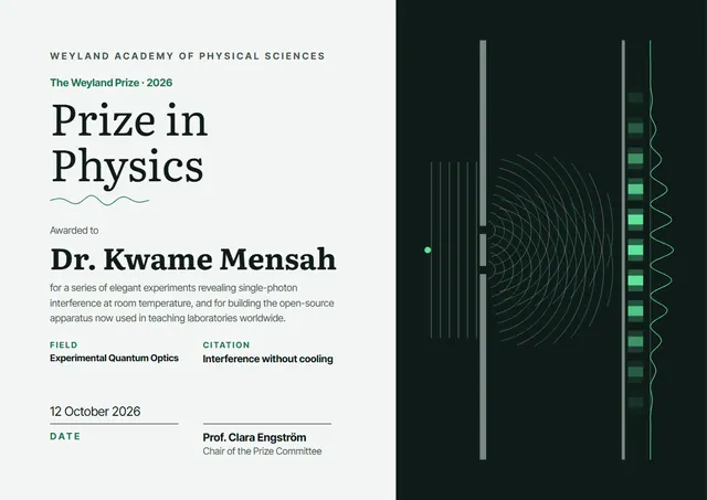 Black Wave Physics Prize Certificate template, A4 landscape, in black