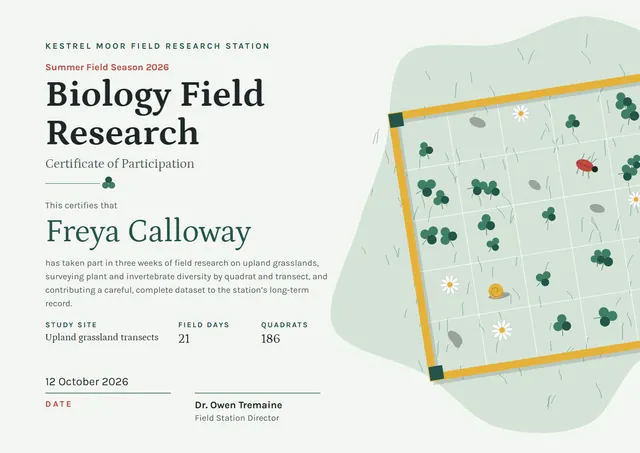 Forest Green Floral Biology Field Research Certificate template, A4 landscape, in forest green
