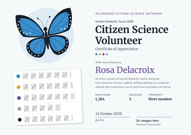 Purple Sunburst Citizen Science Volunteer Certificate template, A4 landscape, in purple