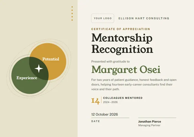Olive Orbit Mentorship Recognition Certificate template, A4 landscape, in olive