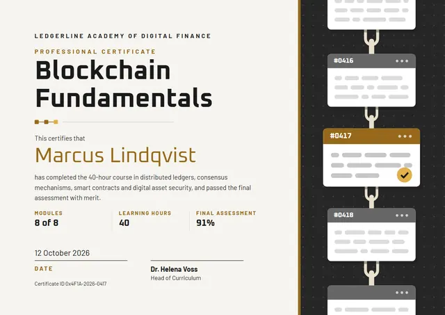 Bronze Badge Blockchain Fundamentals Certificate template, A4 landscape, in bronze