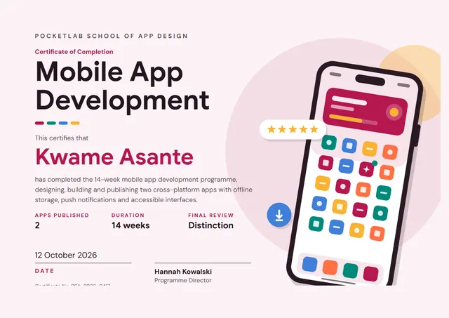 Plum Sunburst Mobile App Development Certificate template, A4 landscape, in plum