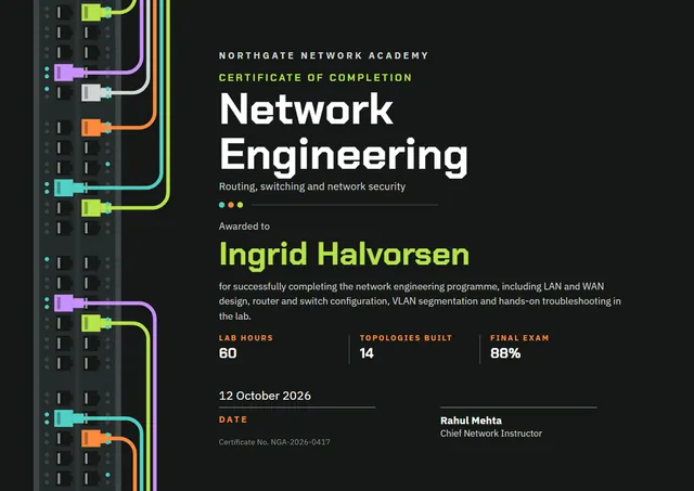 Lime Badge Network Engineering Certificate template, A4 landscape, in lime