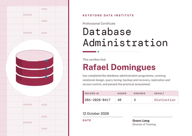 Raspberry Wave Database Administration Certificate template, A4 landscape, in raspberry