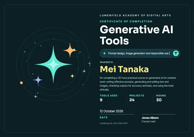 Black Orbit Generative AI Tools Course Certificate template, A4 landscape, in black