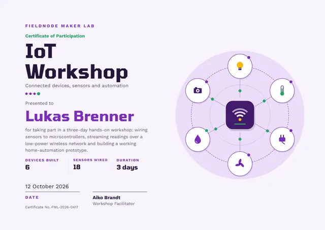 Purple Orbit IoT Workshop Certificate template, A4 landscape, in purple