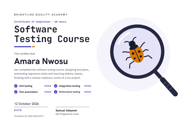 Navy Wave Software Testing Course Certificate template, A4 landscape, in navy