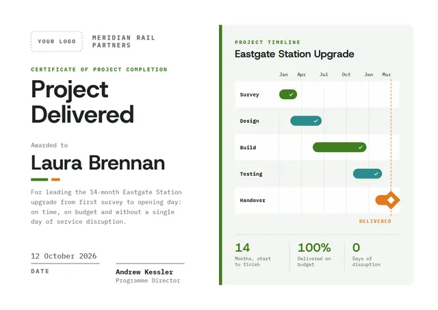 Olive Chart Project Completion Certificate template, A4 landscape, in olive