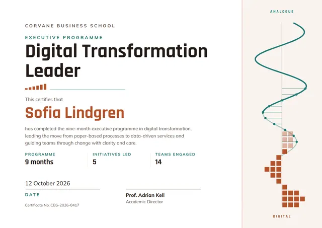 Terracotta Wave Digital Transformation Leader Certificate template, A4 landscape, in terracotta